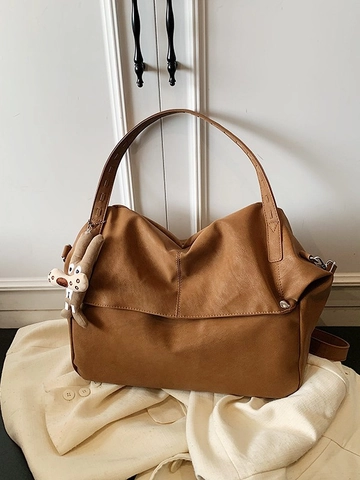 Vintage Τσάντα Tote από Τεχνητό Δέρμα για Γυναίκες Μεγάλης Χωρητικότητας Μινιμαλιστική Color Block Τσάντα Ώμου Με Διακόσμηση Κουνέλι