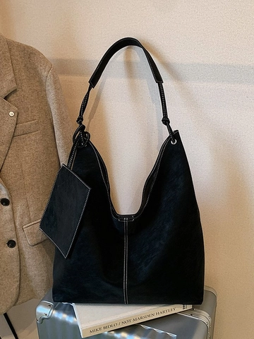 Borsa Tote da Donna Vintage di Grande Capacità in Pelle PU con Cuciture a Contrasto Borsa a Spalla Hobo con Borsellino