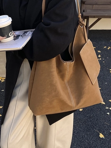 Borsa Tote da Donna Vintage di Grande Capacità in Pelle PU con Cuciture a Contrasto Borsa a Spalla Hobo con Borsellino