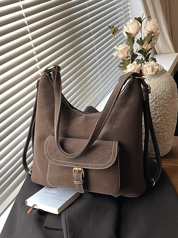 Women Retro Large Capacity PU Leather Hobo Bag Multi-functional Shoulder Bag And Backpack Casual Solid Color Tote Handbag