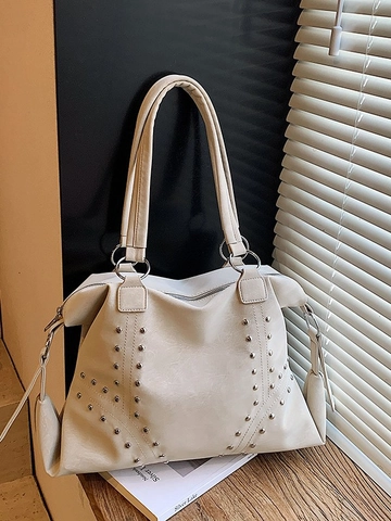 Bolso de Mano de Cuero PU con Remaches para Mujer Gran Capacidad Vintage Simple Bolso de Hombro de Viaje Alta Calidad Moda