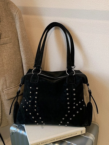 Bolso de Mano de Cuero PU con Remaches para Mujer Gran Capacidad Vintage Simple Bolso de Hombro de Viaje Alta Calidad Moda