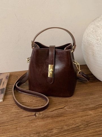 Bolso de Cubo de Cuero PU Vintage para Mujer Bolso de Mano Retro de Color Sólido Con Cierre de Metal Dorado Bandolera Ajustable