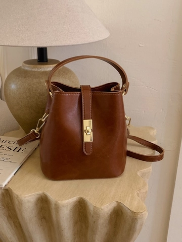 Bolso de Cubo de Cuero PU Vintage para Mujer Bolso de Mano Retro de Color Sólido Con Cierre de Metal Dorado Bandolera Ajustable
