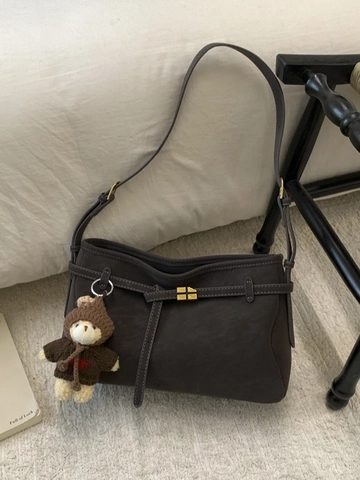 Vintage PU Leather Large Capacity Shoulder Bag For Women Retro Casual Crossbody Bag Stitched Square Tote With Bear Pendant
