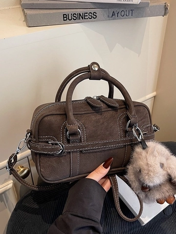 Vintage PU Leather Small Square Crossbody Bag For Women Urban Minimalist Handbag With Contrast Stitching Double Zipper Rabbit Pendant