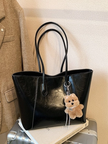 Vintage Large Capacity Women Tote Bag PU Leather Solid Color Commuter Shoulder Bag With Plush Bear Pendant Fashion Handbag