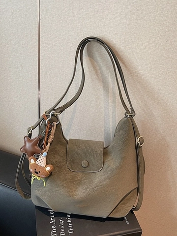 Bolso Hobo de Cuero PU de Gran Capacidad para Mujer Vintage Bolso Tote de Hombro Minimalista de Color Sólido Con Colgante de Oso de Peluche