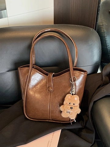 Bolso Cubo Retro de Cuero PU para Mujer Bolso Tote de Gran Capacidad Bolso de Hombro Con Colgante de Oso de Peluche Color Sólido Diario