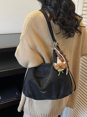 Bolso Hobo de Cuero PU de Gran Capacidad para Mujer Vintage Bolso Tote de Hombro Minimalista de Color Sólido Con Colgante de Oso de Peluche