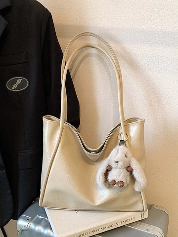 Bolso Tote de Cuero PU Brillante de Gran Capacidad Con Colgante de Conejo de Peluche Bolso de Hombro Vintage Para Mujer Bolso Informal Para Viajes