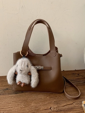 Women Minimalist PU Pebbled Leather Bucket Bag With Plush Rabbit Keychain Metallic Twist Lock Top Handle Crossbody Bag
