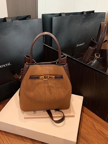 Women Vintage Suede Patchwork Bucket Bag Fashion PU Leather Shoulder Bag With Gold Metal Lock Handbag Crossbody Bag For Daily