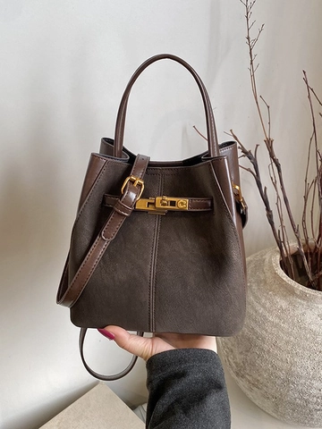 Women Vintage Suede Patchwork Bucket Bag Fashion PU Leather Shoulder Bag With Gold Metal Lock Handbag Crossbody Bag For Daily