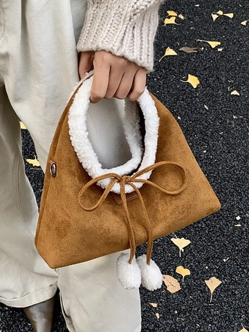Bolso Bandolera de Gamuza Sintética para Mujer Con Ribete de Lana de Cordero Retro Otoño Invierno Bolso de Mano de Felpa Moda