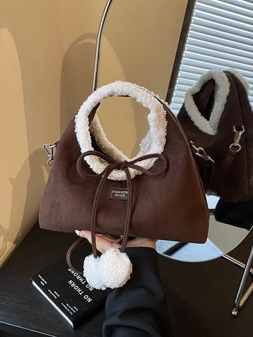 Bolso Bandolera de Gamuza Sintética para Mujer Con Ribete de Lana de Cordero Retro Otoño Invierno Bolso de Mano de Felpa Moda