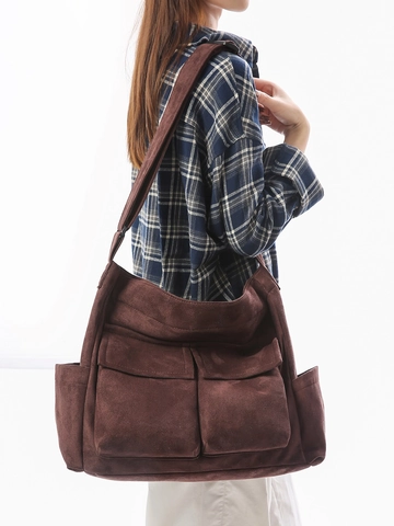 Bolso de Hombro de Ante Vintage para Mujer Gran Capacidad Mensajero con Múltiples Bolsillos Color Sólido Casual Tote Diario