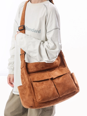 Bolso de Hombro de Ante Vintage para Mujer Gran Capacidad Mensajero con Múltiples Bolsillos Color Sólido Casual Tote Diario