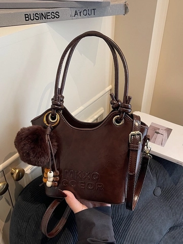 Borsa a Secchiello in Pelle PU Vintage Retro per Donna Borsa a Tracolla Minimalista con Ciondolo a Palla di Pelo