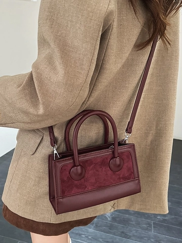 Borsa a Mano Vintage in PU Scamosciato Splicing a Tracolla da Donna Moda Pendolare Casuale Borsa a Mano con Manico Superiore