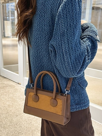 Borsa a Mano Vintage in PU Scamosciato Splicing a Tracolla da Donna Moda Pendolare Casuale Borsa a Mano con Manico Superiore