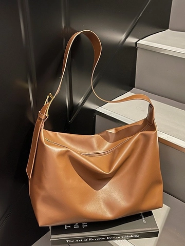 Vintage Large Capacity Women's Tote Bag PU Leather Solid Color Commute Shoulder Crossbody Bag Trendy Daily Handbag