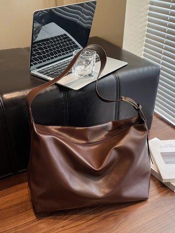 Vintage Large Capacity Women's Tote Bag PU Leather Solid Color Commute Shoulder Crossbody Bag Trendy Daily Handbag
