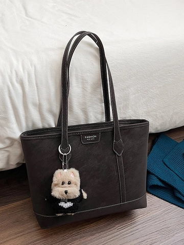 Bolso de Mano de Cuero PU de Gran Capacidad para Mujer Bolso de Hombro Minimalista Urbano Vintage Con Costuras en Contraste y Colgante de Peluche