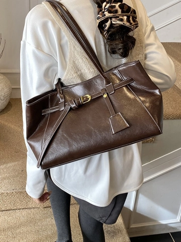 Retro PU Leren Schoudertas Tote Bag Dames Grote Capaciteit Met Contraststiksel Riemgesp Underarm Commuter Mode Handtas
