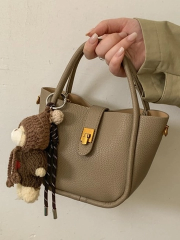 Retro Litchi Pattern PU Leather Bucket Bag Minimalist Crossbody Shoulder Bag With Bear Charm For Women Fashion Handbag