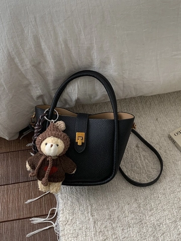 Retro Litchi Pattern PU Leather Bucket Bag Minimalist Crossbody Shoulder Bag With Bear Charm For Women Fashion Handbag