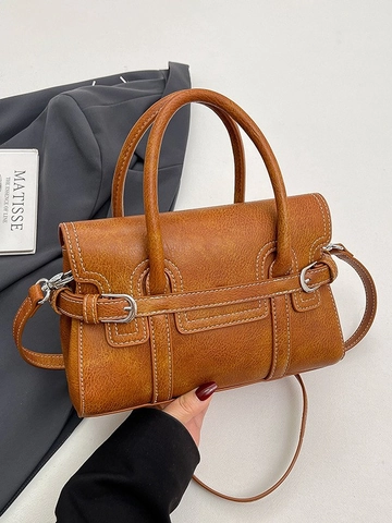 Retro PU Leder Damen Umhängetasche Minimalistische Kontrastnähte Quadratische Handtasche Verstellbarer Schultergurt Täglich Geldbörse