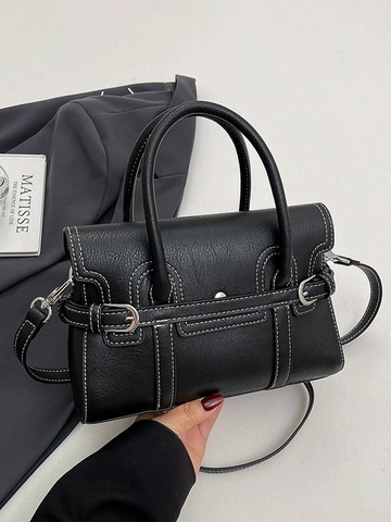 Retro PU Leder Damen Umhängetasche Minimalistische Kontrastnähte Quadratische Handtasche Verstellbarer Schultergurt Täglich Geldbörse