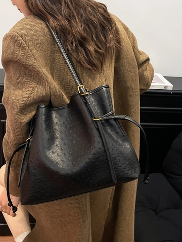 Women Retro Ostrich Texture PU Leather Large Capacity Tote Bag Drawstring Adjustable Strap Korean Fashion Shoulder Bag
