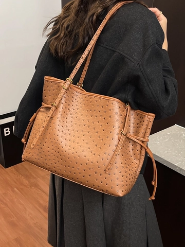 Women Retro Ostrich Texture PU Leather Large Capacity Tote Bag Drawstring Adjustable Strap Korean Fashion Shoulder Bag