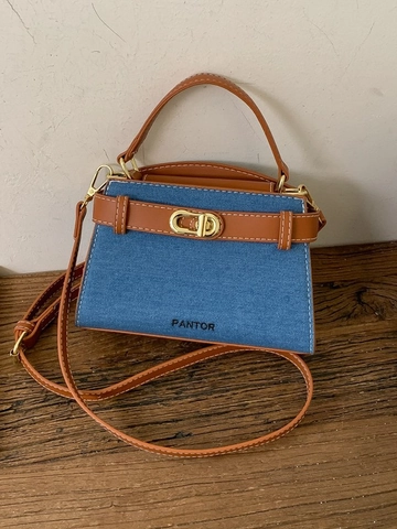 Sac à Main en Denim Patchwork pour Femmes Cuir PU Rétro Avec Verrou Rotatif en Or Sac Bandoulière Mode Navette