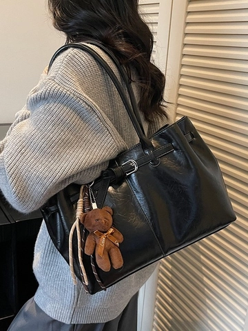 Γυναικεία Retro Τσάντα Tote από Δέρμα PU Μεγάλης Χωρητικότητας Μινιμαλιστική Τσάντα Ώμου Vintage Handbag Με Μενταγιόν Αρκουδάκι