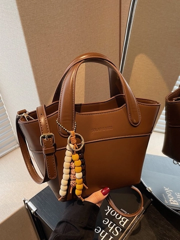 Sac Seau en Cuir PU Rétro Femmes Couleur Contrastée Sac à Bandoulière Minimaliste Mode Sac à Main avec Pendentif Perle
