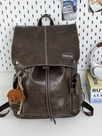Dames Vintage PU Leren Rugzak Grote Capaciteit Trekkoord Tas Contraststiksels Casual Schoolrugzak Outdoor Reisrugzak