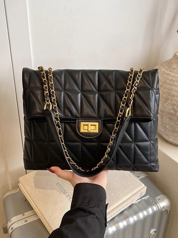 Damen Gesteppte Kette Achseltasche PU Leder Diamant Gitter Umhängetasche Gold Drehverschluss Große Kapazität Handtasche Streetwear