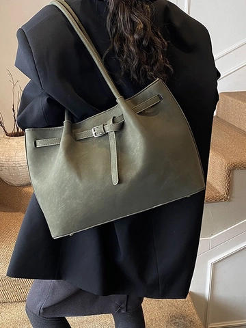 Retro Große Kapazität PU Leder Tragetasche Für Damen Mode Matte Textur Pendler Schulter Unterachsel Tasche Mit Gürtelschnalle Dekor