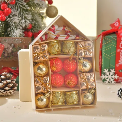 Christmas Tree Ornaments Decoration Set House Shaped Box Plastic Glitter Balls Candy Cane Drum Pinecone Party Hanging Decor