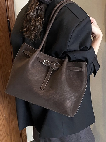 Retro Große Kapazität PU Leder Tragetasche Für Damen Mode Matte Textur Pendler Schulter Unterachsel Tasche Mit Gürtelschnalle Dekor