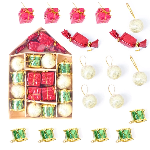 Christmas Tree Ornaments Decoration Set House Shaped Box Plastic Glitter Balls Candy Cane Drum Pinecone Party Hanging Decor