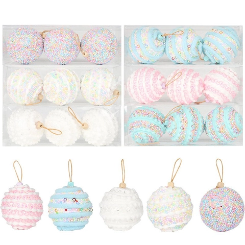 Palline di Natale in Schiuma Macaron Decorazione con Paillettes e Perline per Albero di Natale Addobbi Natalizi per Casa