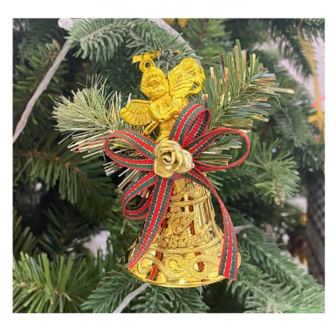 Gold Christmas Bell Ornaments With Angel Bow And Pine Needle Decoration Electroplated Plastic Christmas Tree Hanging Pendant