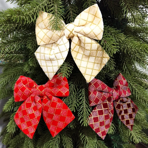 Gold Glitter Grid Printed Christmas Decoration Bow Red Beige Burgundy Cloth Bowknot Hanging Ornament For Xmas Tree Party Home Decor