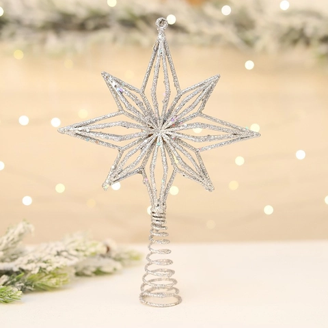 Puntale per Albero di Natale a Stella Ottagonale Cava con Glitter e Base a Molla per Decorazione Casa Festa Natalizia