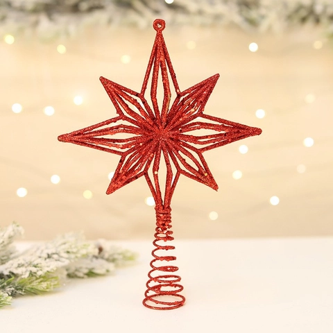 Puntale per Albero di Natale a Stella Ottagonale Cava con Glitter e Base a Molla per Decorazione Casa Festa Natalizia