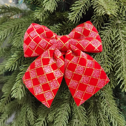 Gold Glitter Grid Printed Christmas Decoration Bow Red Beige Burgundy Cloth Bowknot Hanging Ornament For Xmas Tree Party Home Decor